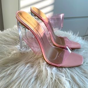 Pink Wide Fit Tinted Clear Twin Strap Mule Heels